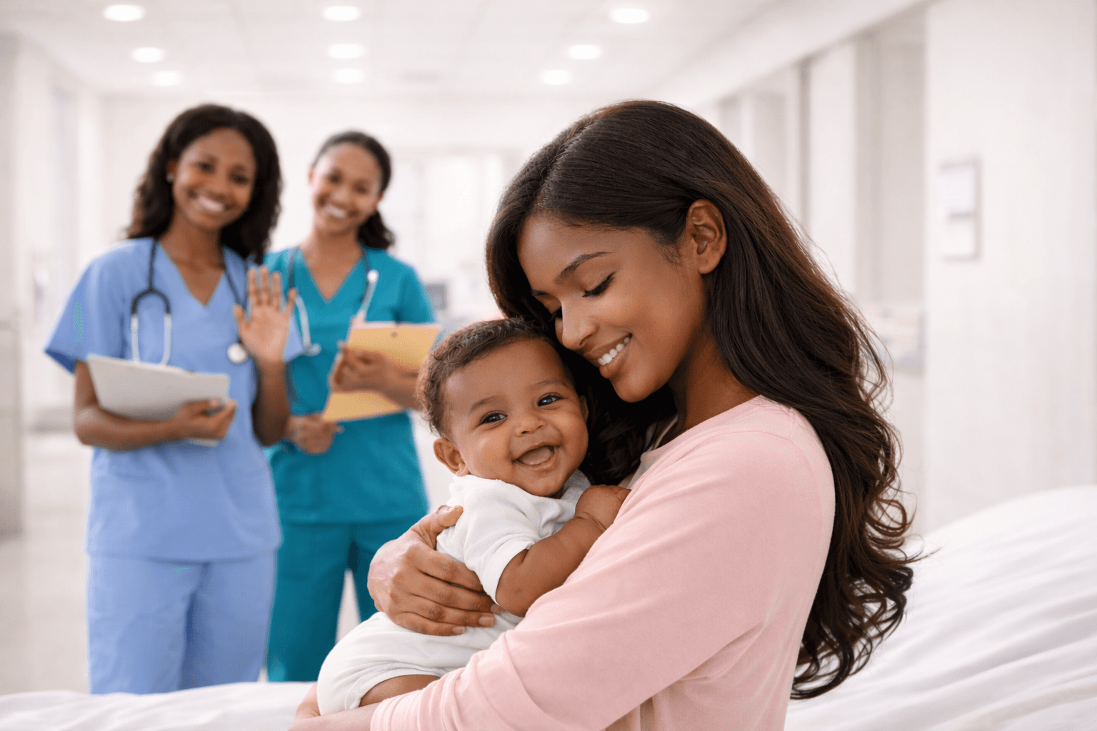 Happy mother with newborn baby in hospital